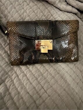 Jimmy Choo Brown & Black Snakeskin Patent Clutch with Gold Lock